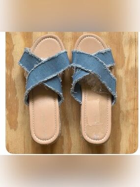 Frayed Denim Crisscross Slide Sandals - Women